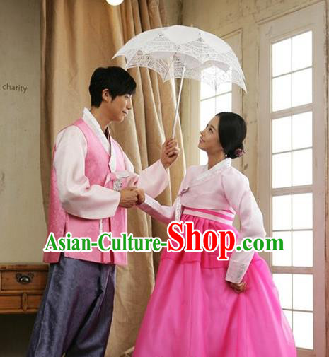 Korean Traditional Garment Palace Pink Hanbok Fashion Apparel Bride and Bridegroom Costumes