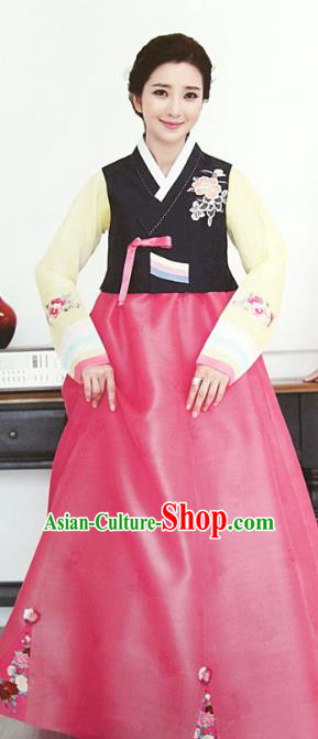 Korean Traditional Garment Palace Hanbok Black Blouse and Pink Dress Fashion Apparel Bride Costumes for Women
