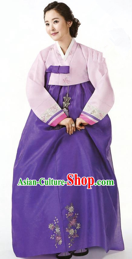 Korean Traditional Garment Palace Hanbok Pink Blouse and Purple Dress Fashion Apparel Bride Costumes for Women