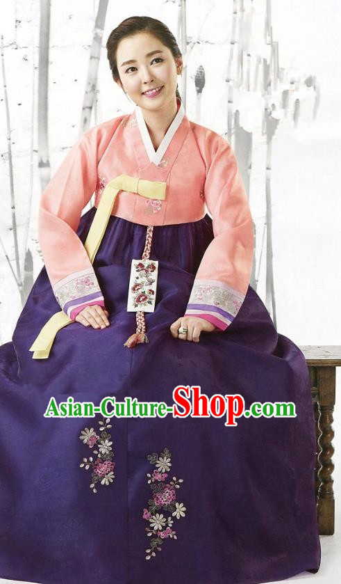 Korean Traditional Garment Palace Hanbok Orange Blouse and Purple Dress Fashion Apparel Bride Costumes for Women