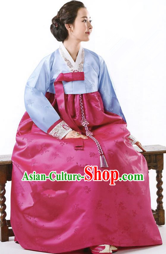 Korean Traditional Handmade Palace Hanbok Blue Blouse and Rosy Dress Fashion Apparel Bride Costumes for Women