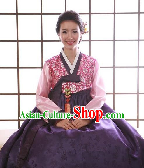 Korean Traditional Handmade Palace Hanbok Blouse and Purple Dress Fashion Apparel Bride Costumes for Women