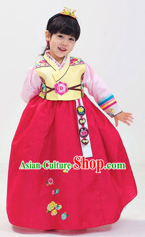 Korean Traditional Hanbok Korea Children Yellow Blouse and Rosy Dress Fashion Apparel Hanbok Costumes for Kids