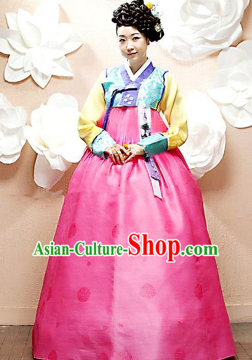 Top Grade Korean Palace Hanbok Bride Traditional Blue Blouse and Pink Dress Fashion Apparel Costumes for Women