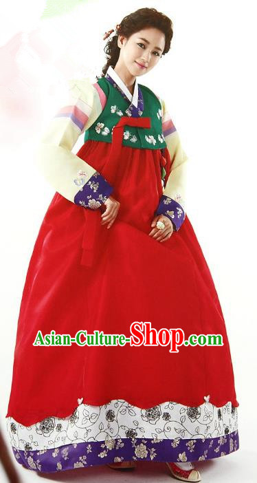 Top Grade Korean Palace Hanbok Traditional Green Blouse and Red Dress Fashion Apparel Costumes for Women