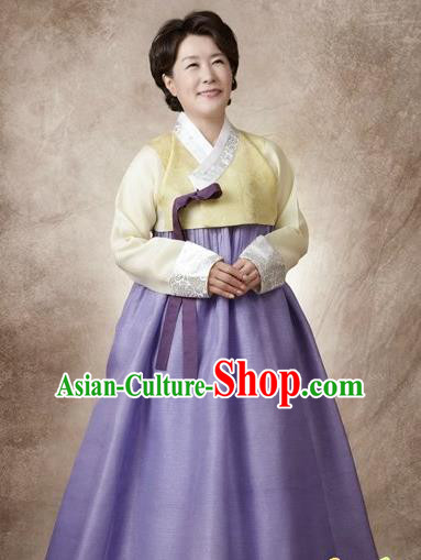 Top Grade Korean Hanbok Traditional Yellow Blouse and Lilac Dress Fashion Apparel Costumes for Women