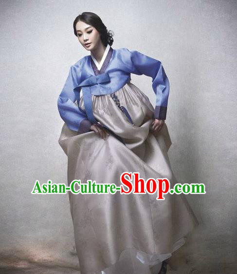 Top Grade Korean Hanbok Traditional Blue Blouse and Grey Dress Fashion Apparel Costumes for Women