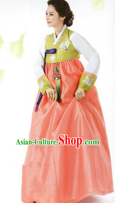 Top Grade Korean Traditional Hanbok Green Blouse and Orange Dress Fashion Apparel Costumes for Women