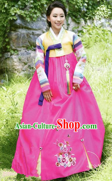 Top Grade Korean Traditional Hanbok Yellow Blouse and Rosy Dress Fashion Apparel Costumes for Women