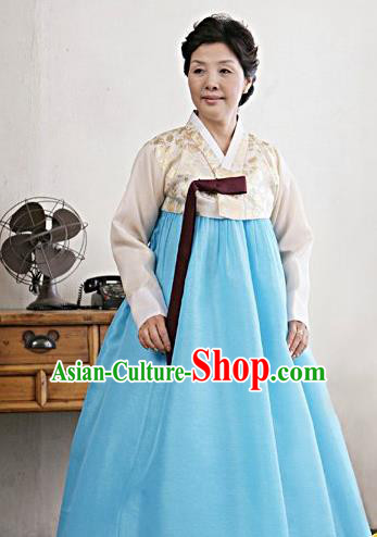 Top Grade Korean Traditional Hanbok Embroidered White Blouse and Blue Dress Fashion Apparel Costumes for Women