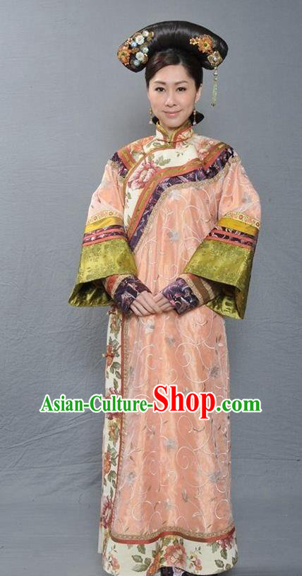 Chinese Ancient Qing Dynasty Manchu Imperial Concubine Hua Embroidered Dress Costume for Women