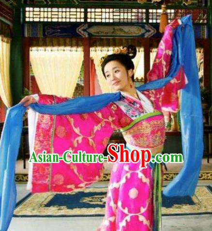 Chinese Ancient Ming Dynasty Imperial Concubine Embroidered Dance Dress Costume and Headpiece Complete Set for Women