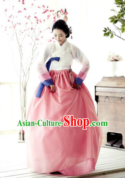 Top Grade Korean Hanbok Traditional Bride White Blouse and Pink Dress Fashion Apparel Costumes for Women