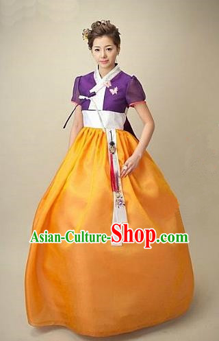 Top Grade Korean Hanbok Traditional Bride Purple Blouse and Orange Dress Fashion Apparel Costumes for Women