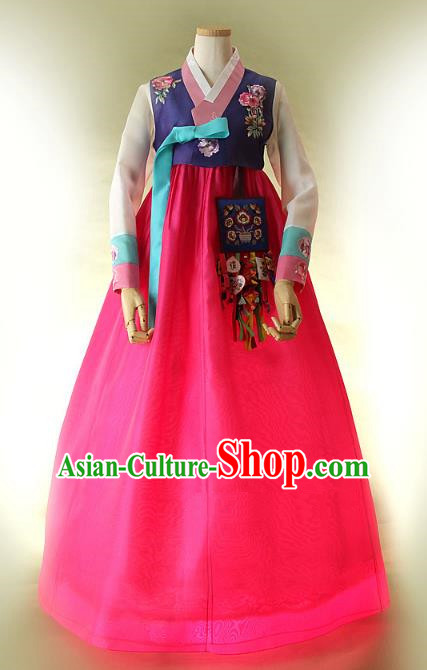 Top Grade Korean Hanbok Traditional Bride Purple Blouse and Rosy Dress Fashion Apparel Costumes for Women