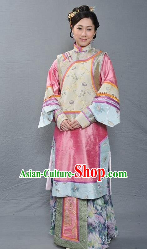 Chinese Ancient Qing Dynasty Imperial Consort Hua Embroidered Manchu Dress Costume for Women