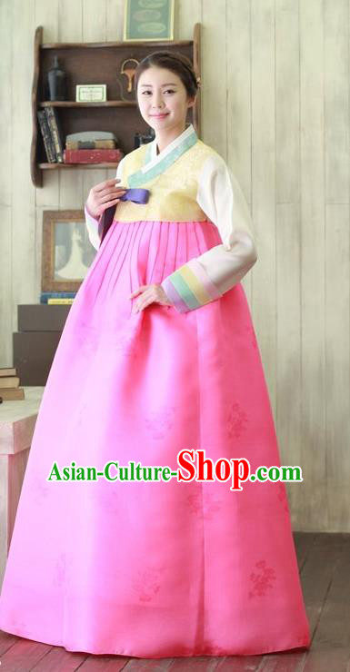 Top Grade Korean Hanbok Traditional Yellow Blouse and Rosy Dress Fashion Apparel Costumes for Women