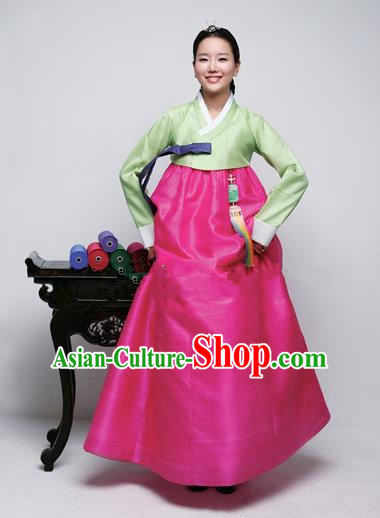 Top Grade Korean Hanbok Traditional Green Blouse and Rosy Dress Fashion Apparel Costumes for Women