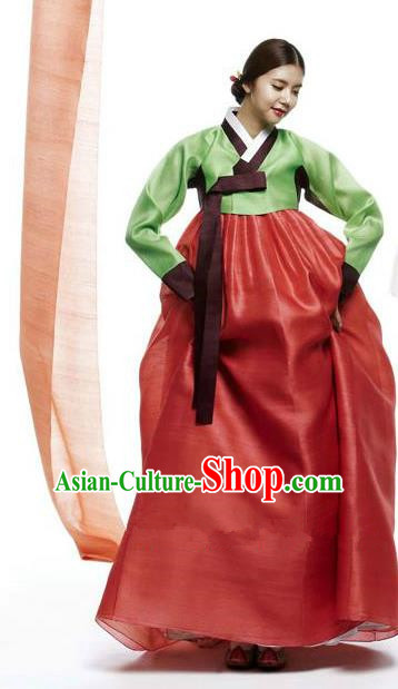 Top Grade Korean Hanbok Traditional Green Blouse and Red Dress Fashion Apparel Costumes for Women