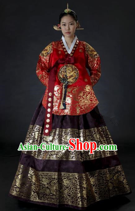 Top Grade Korean Palace Hanbok Traditional Red Blouse and Purple Dress Fashion Apparel Costumes for Women