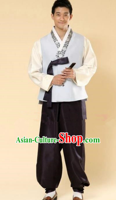 Asian Korean Hanbok Ancient Bridegroom Traditional Costume Blue Vest and Black Pants for Men