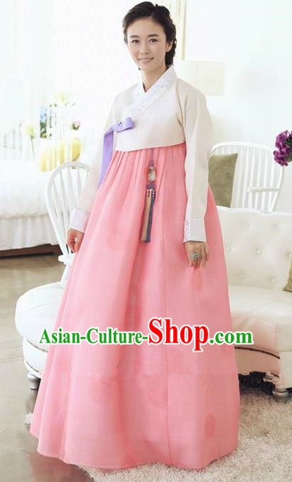 Top Grade Korean Traditional Hanbok Ancient Fashion Apparel Costumes Palace White Blouse and Pink Dress for Women