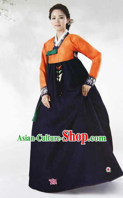 Top Grade Korean Hanbok Ancient Traditional Fashion Apparel Costumes Orange Blouse and Navy Dress for Women