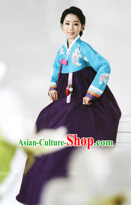 Top Grade Korean Hanbok Ancient Traditional Fashion Apparel Costumes Blue Blouse and Purple Dress for Women