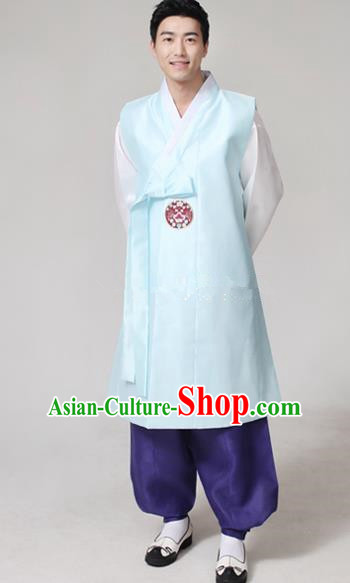 Asian Korean Traditional Blue Costumes Ancient Korean Hanbok Bridegroom Wedding Costumes for Men