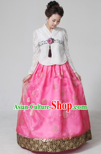 Top Grade Korean Hanbok Ancient Traditional Fashion Apparel Costumes White Lace Blouse and Pink Dress for Women