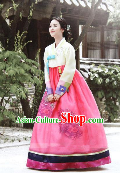 Top Grade Korean Hanbok Ancient Traditional Fashion Apparel Costumes Beige Blouse and Rosy Dress for Women