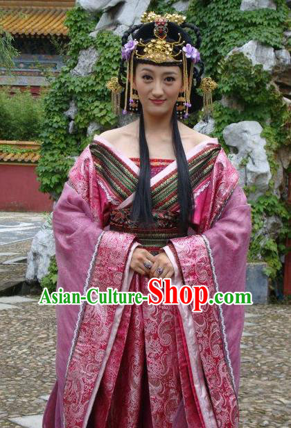 Ancient Chinese Ming Dynasty Empress Tailing Embroidered Historical Costume and Headpiece Complete Set for Women