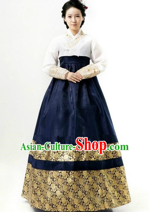 Top Grade Korean Hanbok Ancient Traditional Fashion Apparel Costumes White Blouse and Navy Dress for Women