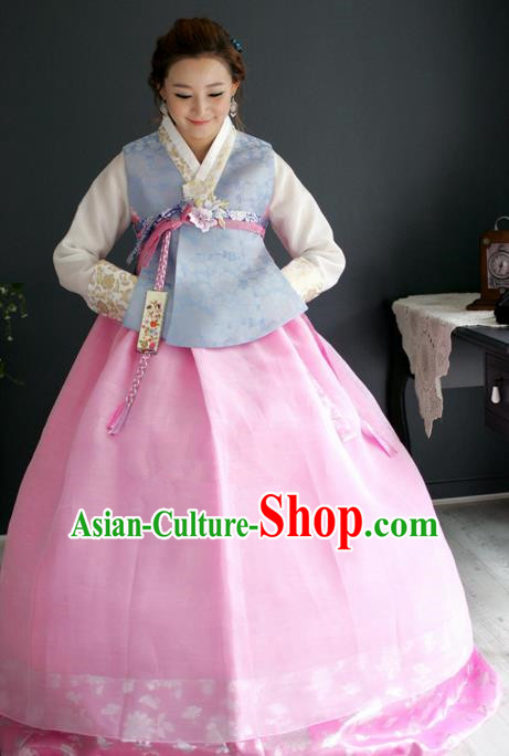 Korean Traditional Hanbok Blue Blouse and Pink Dress Ancient Fashion Apparel Costumes for Women