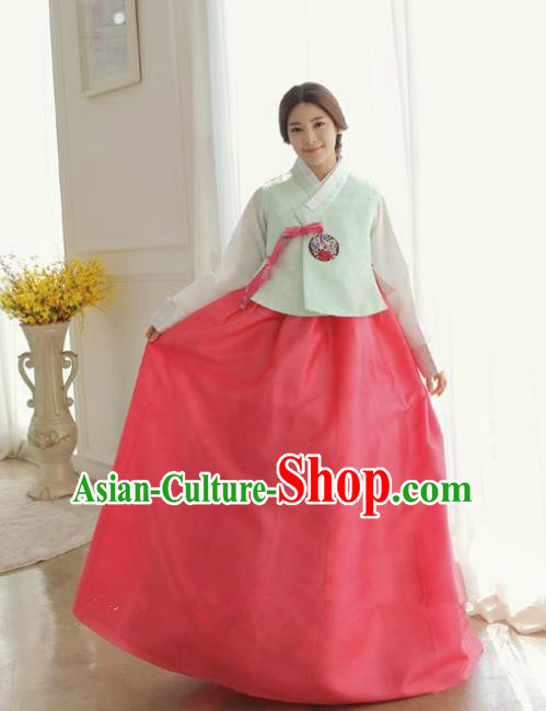 Korean Traditional Hanbok Green Blouse and Red Dress Ancient Formal Occasions Fashion Apparel Costumes for Women