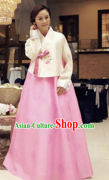 Korean Traditional Hanbok White Blouse and Pink Dress Ancient Formal Occasions Fashion Apparel Costumes for Women