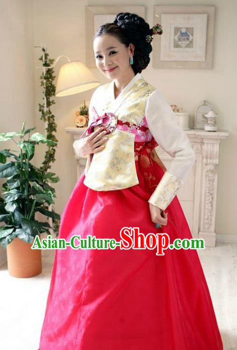 Korean Traditional Hanbok Yellow Blouse and Rosy Dress Ancient Formal Occasions Fashion Apparel Costumes for Women
