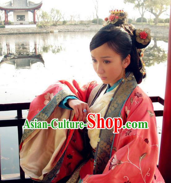 Chinese Ancient Song Dynasty Imperial Concubine Pang of Zhao Zhen Tailing Embroidered Dress Replica Costume for Women