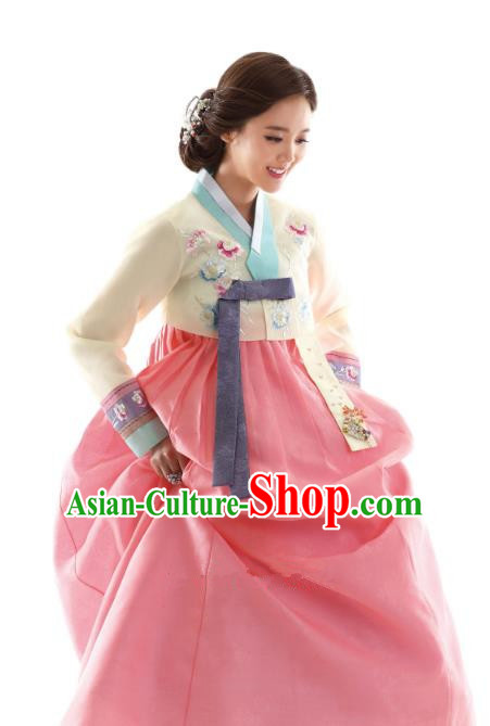 Korean Traditional Bride Hanbok Beige Blouse and Pink Embroidered Dress Ancient Formal Occasions Fashion Apparel Costumes for Women