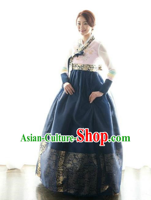Korean Traditional Bride Hanbok Pink Blouse and Navy Embroidered Dress Ancient Formal Occasions Fashion Apparel Costumes for Women