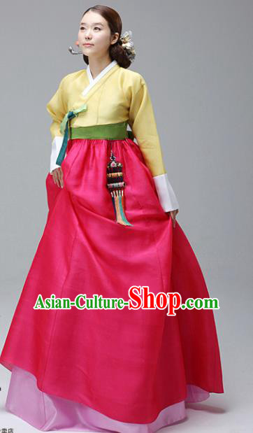 Korean Traditional Bride Hanbok Yellow Blouse and Rosy Dress Ancient Formal Occasions Fashion Apparel Costumes for Women