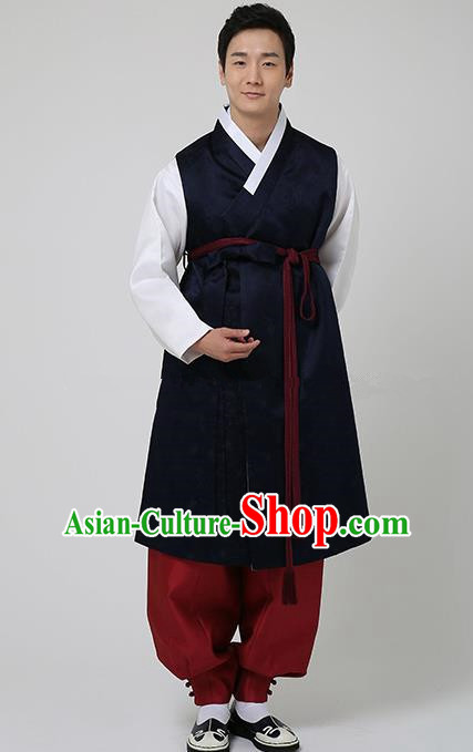 Traditional Korean Costumes Ancient Korean Bridegroom Hanbok Navy Vest and Red Pants for Men