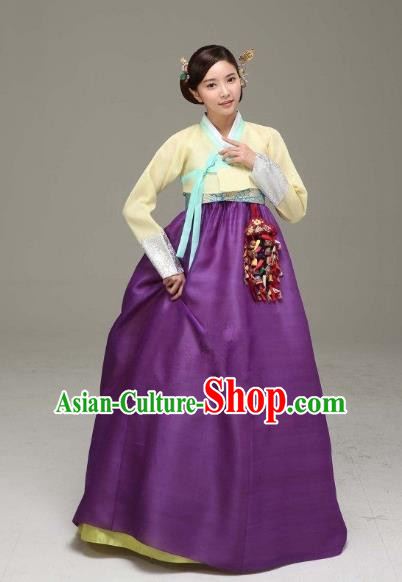 Korean Traditional Bride Hanbok Formal Occasions Yellow Blouse and Purple Dress Ancient Fashion Apparel Costumes for Women