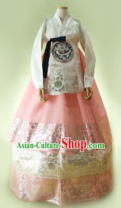 Korean Traditional Bride Hanbok Formal Occasions White Satin Blouse and Pink Dress Ancient Fashion Apparel Costumes for Women