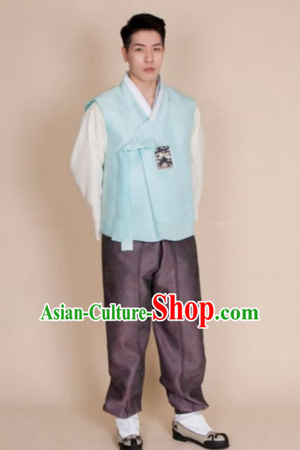 Traditional Korean Costumes Ancient Korean Bridegroom Hanbok Blue Vest and Purple Pants for Men