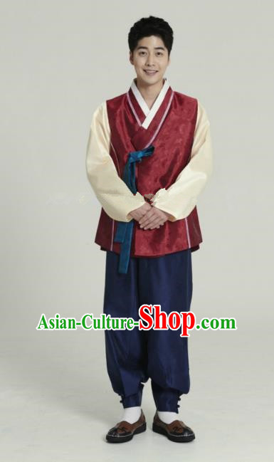 Traditional Korean Costumes Ancient Palace Korean Bridegroom Hanbok Wine Red Vest and Navy Pants for Men