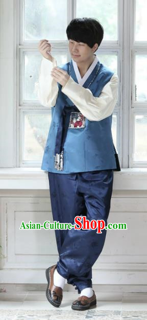 Traditional Korean Costumes Ancient Palace Korean Bridegroom Hanbok Blue Vest and Navy Pants for Men