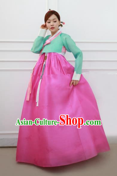 Korean Traditional Bride Hanbok Formal Occasions Green Blouse and Rosy Dress Ancient Fashion Apparel Costumes for Women