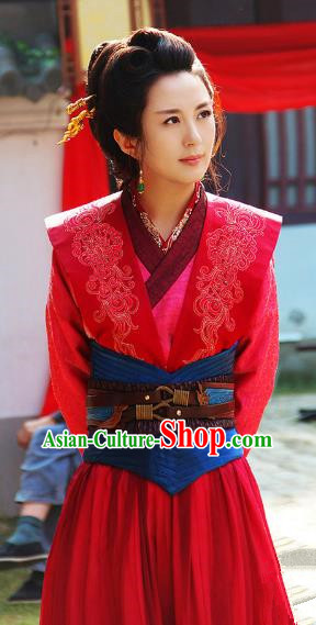 Ancient Chinese Song Dynasty Swordswoman Red Dress Generals Replica Costume for Women