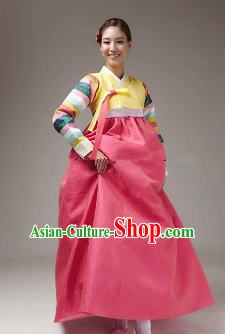 Korean Traditional Bride Tang Garment Hanbok Formal Occasions Yellow Blouse and Rosy Dress Ancient Costumes for Women